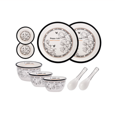 Homely Zakka 法式經典復古浪漫系列陶瓷餐盤碗餐具 9個, 6吋麵碗 + 4.75吋飯碗2個 + 4吋調味碟2個 + 8吋圓盤2個 +湯匙2支, 黑白色, 1組