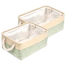 妃妃嚴選 加厚亞麻收納籃, 中(36 x 27 x 16cm), 米色 + 綠色, 2個