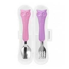 Edison 愛迪生 貓頭鷹不鏽鋼湯叉盒, 2歲以上適用, 學習餐具, 粉色+紫色, 湯匙+叉子+收納盒, 1組