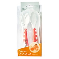 PUKU 藍色企鵝 玩味湯叉組 適合12個月以上寶寶 聚丙烯材質 耐熱100℃, 橘子, 湯匙 + 叉子 + 保存盒, 1組