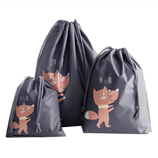 E.City 可愛動物圖案輕旅行束口收納袋3件套 PEVA材質 小約21x24cm 中約32x27cm 大約37x41cm, 小約21x24cm,中約32x27cm,大約37x41cm, 深藍, 1組