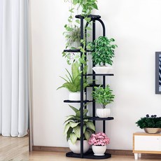 品屋 鐵藝多層園藝花架-7盆 陽台花架 層架 收納花架 44.5x22x107CM 穩固耐用不鏽鋼材質, 圓款黑色, 6層