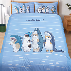 戀家小舖 磨毛卡通鯊魚變裝秀雙人加大床包，台灣製造, 床包188 x 182 x 30cm + 枕套75 x 45cm, 貓福珊迪