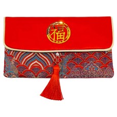 摩達客 春節開運招財金福字祥雲流蘇綢緞紅包袋錢包 高級質感 新年禮品, 1入