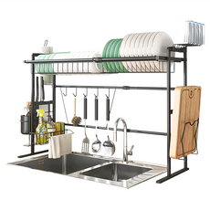 鐵藝 伸縮瀝水架, 75cm單層 碗架 盤架 刀架 筷子收納架 瀝水籃 砧板架 掛鉤, 2層, BM021-11, 1個