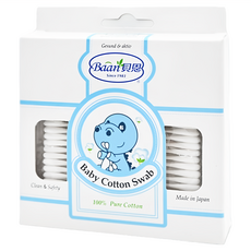 Baan 貝恩 嬰兒細紙軸棉花棒, 100%純棉 觸感柔細舒適, 專為嬰幼兒眼耳鼻設計, 日本製造, 125支, 1盒