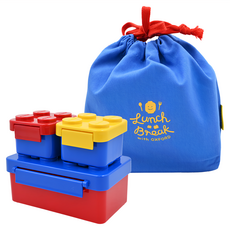 OXFORD 積木造型便當盒組, 附印花便當袋 藍色, 1組