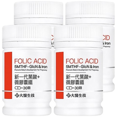 大醫生技 新一代葉酸 + 微膠囊鐵，活性葉酸，600μg，義大利專利技術，孕前孕後營養需求, 30顆, 4罐