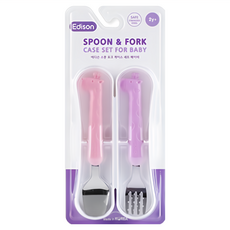 Edison 愛迪生 兒童不鏽鋼湯叉盒 2歲以上適用, 長頸鹿 粉紫, 湯匙+叉子+收納盒, 1組