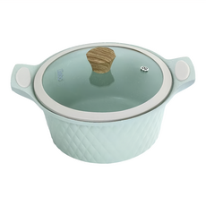 Debo 德鉑廚具 雙耳複底不沾湯鍋 24cm 4.2L 鋁合金鍋身 木質電木手柄, 菱格紋 淺藍色, 1個