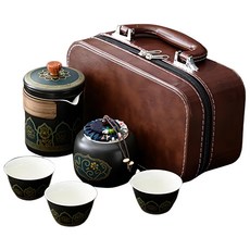 BOACUP 旅行茶具組 鎏金花款, 黑色, 1組, 手抓壺 + 品茗杯 3個 + 茶葉罐 + 收納箱 咖啡色