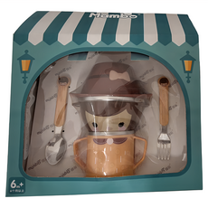 baby mambo 蔓葆 兒童餐具 MY BEST FRIENDS 系列 304不鏽鋼餐具五件組禮盒, 碗 x 2 + 水杯 + 湯匙 + 叉子, 橘色瑪格麗特, 1組