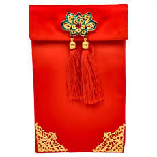 摩達客 農曆春節開運 綢緞布古典花朵雙流蘇底框金藝術紅包袋, 1個