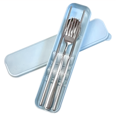百貨King 不鏽鋼餐具4件組 304不鏽鋼 環保餐具, 筷子1雙 + 勺子 + 叉子 + 盒子, 藍色, 2組