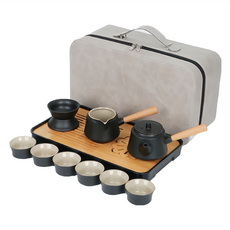 麂皮手提旅行箱大套裝 精緻壺口茶壺 陶瓷茶具套組, 白色皮箱 + 黑色側把手壺 + 一壺六杯 + 茶盤, 白色皮箱 + 黑色側把手壺 + 一壺六杯 + 茶盤, 黑色, 1組