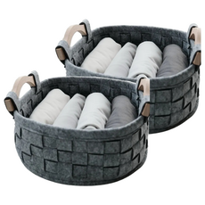 北歐毛氈木柄收納籃 - 26x14cm, 中號(26 x 10cm), 2個, 灰色