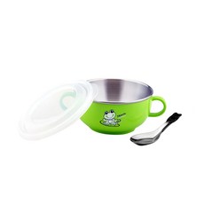 ZEBRA THAILAND 304不銹鋼雙耳兒童隔熱碗套裝，含蓋和勺, 隔熱碗1入 + 湯匙1入, 綠色, 1組
