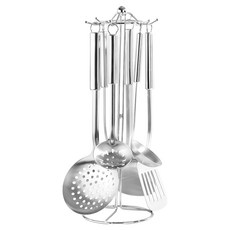 OMG 不鏽鋼廚具7件組, 1組, 鍋鏟 + 煎鏟 + 湯勺 + 大漏勺 + 小湯勺 + 小漏勺 + 收納架, 銀色