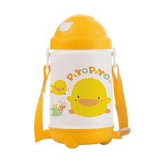 PiYOPiYO 黃色小鴨 彈跳保溫保冷水壺 420ml 可調式揹帶, 黃色, 1個