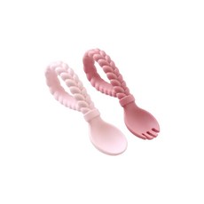 itzy ritzy 編織造型矽膠湯匙, 內含湯匙+叉匙, 環形手柄設計, 食品級矽膠, 軟Q柔韌, 粉, 甜心湯匙, 1組