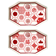 JUST HOME 陶瓷盤組, 2件組陶瓷盤(25.5 x 16.5 x 2.5cm), 富貴福氣六角造型 紅色 + 白色, 1組