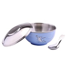 ZEBRA THAILAND 304不銹鋼上蓋兒童隔熱碗套裝，多種顏色選擇，可愛造型圖案，雙層隔熱設計，碗身直徑11cm，250cc，適合居家或外出, 藍色, 附湯匙, 1組