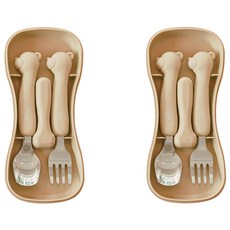 tgm 兒童便攜式矽膠不鏽鋼餐具組 小熊企鵝款, 米色小熊, 湯匙 2支 + 叉子 2支 + 收納盒 2個, 1組