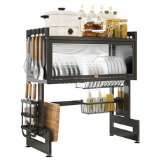 ONE HOUSE 山田掀門雙層水槽碗盤瀝水架 + 豪華套件 升級碳鋼 65寬, 2層, 黑色, 1個