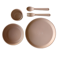 cink 幼兒餐具組 竹纖維材質 適用年齡6個月以上, 水杯 + 餐碗 + 盤子 + 湯匙 + 叉子, 麥桔, 1組