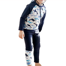 男童長袖分體泳衣上衣+泳褲, L, 滿版鯊魚