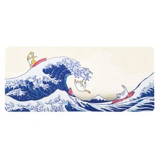 ekax 三合一多功能滑鼠墊 超纖布材質 340x150mm大尺寸, 神奈川沖浪喵 白色 + 藍色, 1個