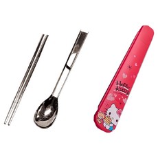 Sanrio 三麗鷗 Hello Kitty 凱蒂貓 不鏽鋼湯筷組 食品級304不鏽鋼, 湯匙19 x 3.3cm + 筷子18.4 x 0.5cm + 收納盒20.5 x 4.3 x 2cm, 玫紅色, 1組