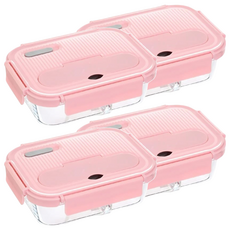 HICHEF 掌廚 分離玻璃保鮮盒 6：4完美分隔 食物不混味 耐熱玻璃 盒蓋內附餐具, 粉紅色 1050ml, 4個