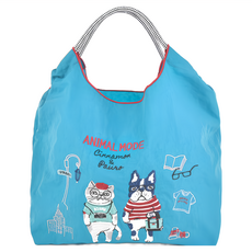 kUSUgURU JAPAN 日本眼鏡貓 手提包 環保袋日本刺繡尼龍購物袋 Animal Mode款, 藍色