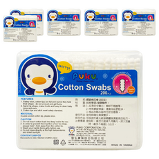 PUKU 藍色企鵝 螺旋棉花棒 嬰兒清潔護理必備 安全棉頭不易脫落, 200支, 6盒