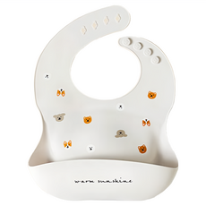 愛北鼻 防油防水矽膠 寶寶吃飯圍兜 四扣3D款 飯糰狗狗, 1入, 1件