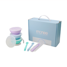 monee 寶寶學習餐具禮盒, 薄荷綠 + 天空藍 + 薰衣紫, 寶寶碗體附蓋 3個 + 手把底座 + 湯匙 3支 + 湯匙收納盒 + 寶寶碗零食蓋, 1組
