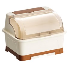 方形碗盤收納箱, 透明翻蓋, 防塵防蚊, 雙層大容量, 瀝水碗架, 茶白, 1個