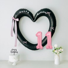 연지마켓 생일 하트프레임풍선 블랙 숫자 생일파티 용품 세트 (자유레터링), 1세트, 블랙하트 숫자 11
