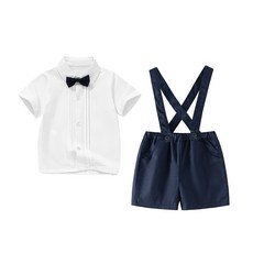 男寶寶一週歲宴禮服夏季薄款男童抓週生日西裝嬰兒揹帶褲兩件套裝