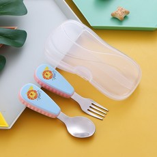 兒童餐具組 訓練吃飯 兒童湯匙 叉子, 1個, 餐具-藍獅附盒