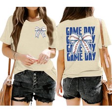 QAUN 야구 셔츠 여성: 리본 그래픽 탑 엄마 티셔츠 경기 날 반소매 상의 다크그레이 XXL 167851 8174273381, S, 살구