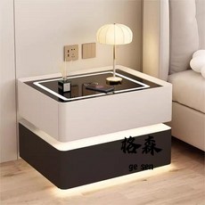 【格森】指紋鎖床頭櫃 藍牙音響 臥室簡約現代輕奢奶油風實木, 岩板台面【卡其】+感應燈,50*38*48【寬/深/高】