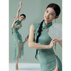 新竹發出 舞蹈旗袍古典舞旗袍中國舞身韻練功服裝綠色無袖彈力印花表演服, 綠色,XL