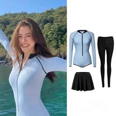 新款潛水服女連體泳衣長袖長褲防曬速幹顯瘦衝浪漂流浮潛游泳衣女夯, 湖藍色,M