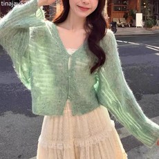 秋季薄款鏤空綠色針織開衫女2025新款V領防曬上衣, 綠色 開衫款,均碼