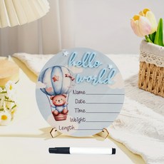 'Hello World' 아기 출생기념 우드 플라크 세트 베이비 출생 기록 장식품 꽃/열기구 테마, 1개, blue