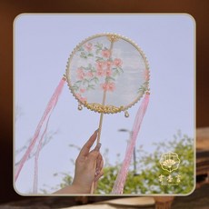古風刺繡飄帶團扇 旗袍漢服拍照裝飾扇, 1個, 桃花金飾 圓形 ,飄帶系列刺繡團扇, 桃花金飾