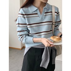 [SM]여성 데일리 스트라이프 카라 니트 럭비 티셔츠 하객룩 출근룩 긴팔니트 루즈핏 박시핏