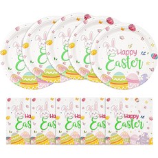 Cangmyxis 부활절 토끼 & 달걀 종이 접시 및 냅킨 세트 9인치 일회용 저녁 브런치 파티 용품 축제 테이블 세팅을 위한 귀여운 식기 20인분 제공